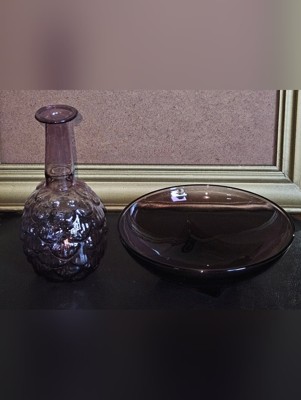Vintage Smoky Amethyst Glass Bud Vase and Dish Set